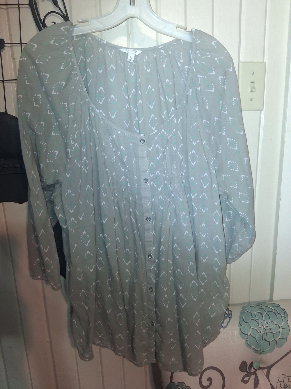 Sonoma Sage Green Button-Front Tunic with Diamond Print